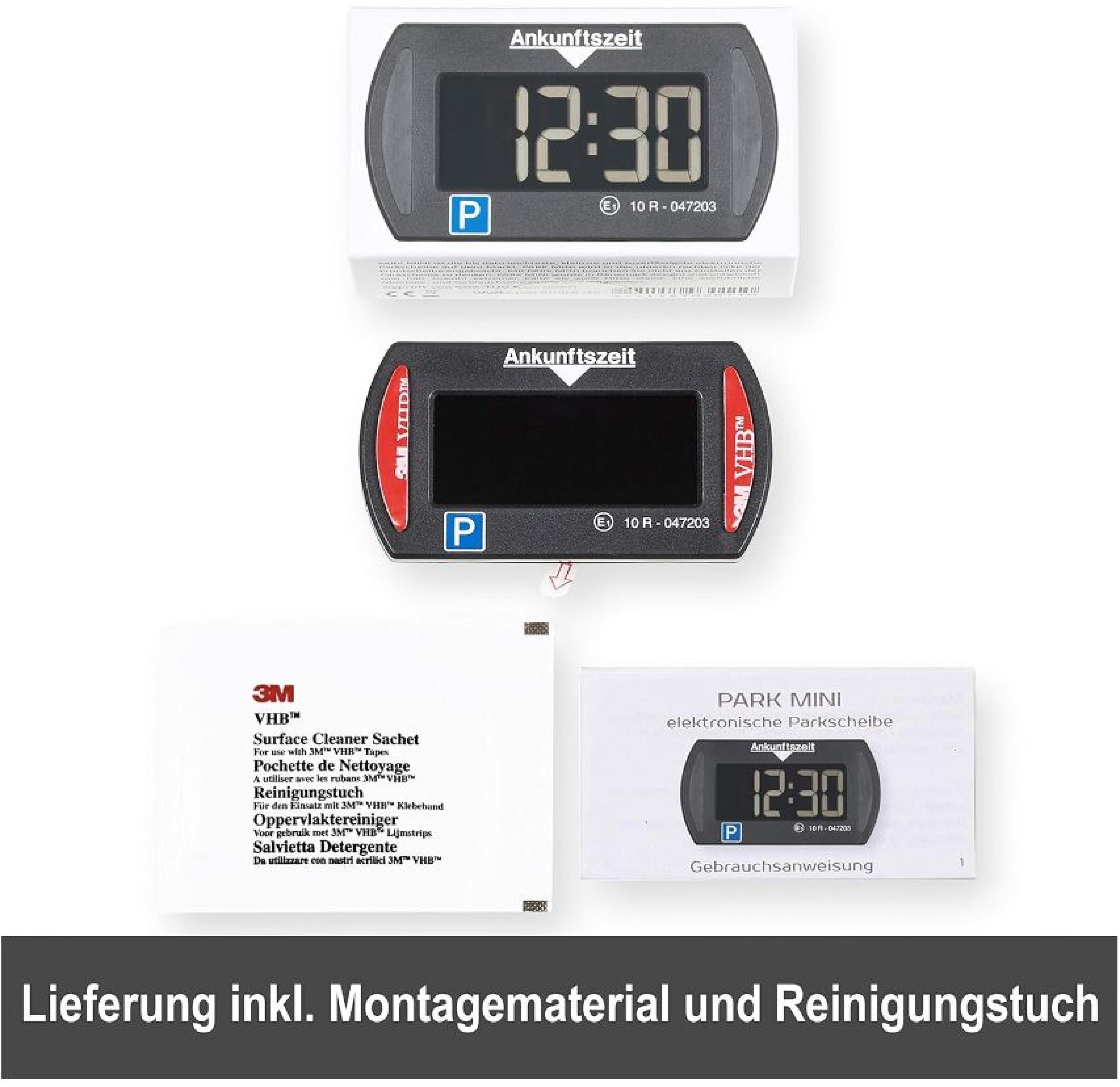 Elektronische Parkscheibe mit Zubehör wie Montagematerial, Reinigungstuch und Anleitung